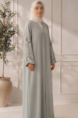 Sage Green Embroidered Open-Front Abaya
